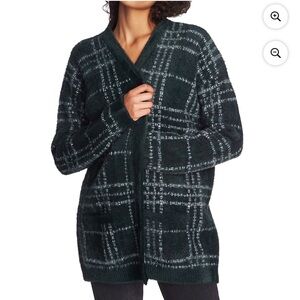 1.State Women's Sweater Plaid Eyelash Fuzzy Cardigan   Green Large